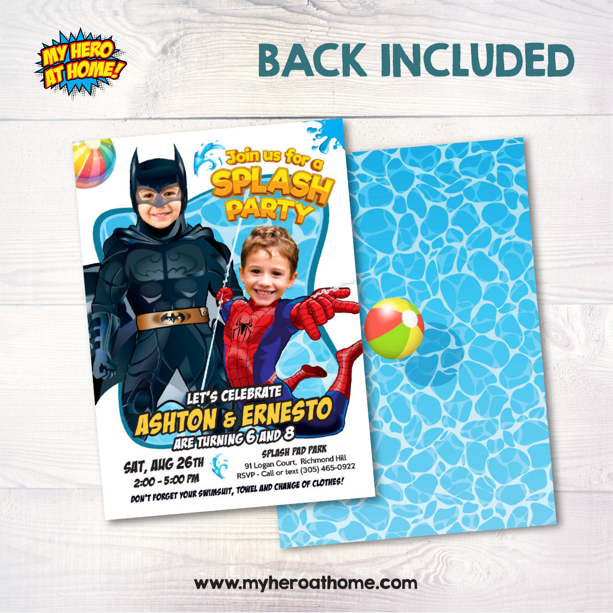 Joint Batman and Spiderman Pool Splash Birthday Party Invitation with Kids as the stars. 2486