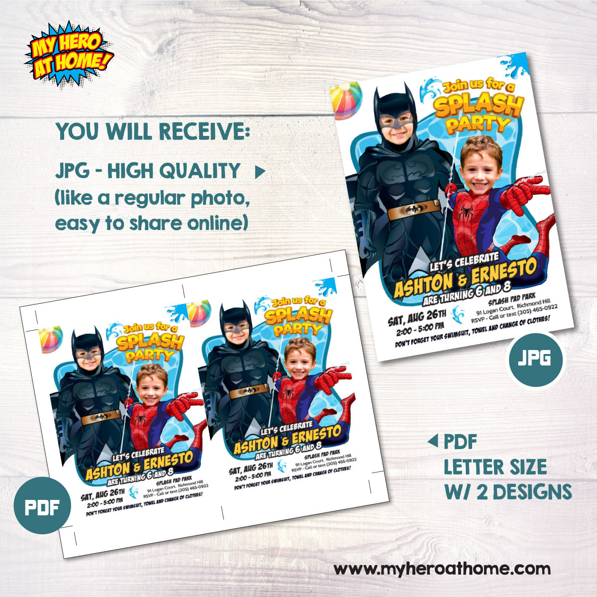 Joint Batman and Spiderman Pool Splash Birthday Party Invitation with Kids as the stars. 2486