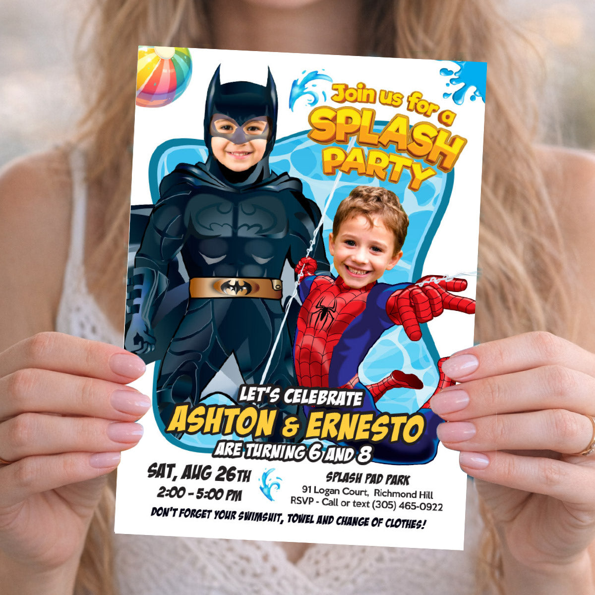 Joint Batman and Spiderman Pool Splash Birthday Party Invitation with Kids as the stars. 2486