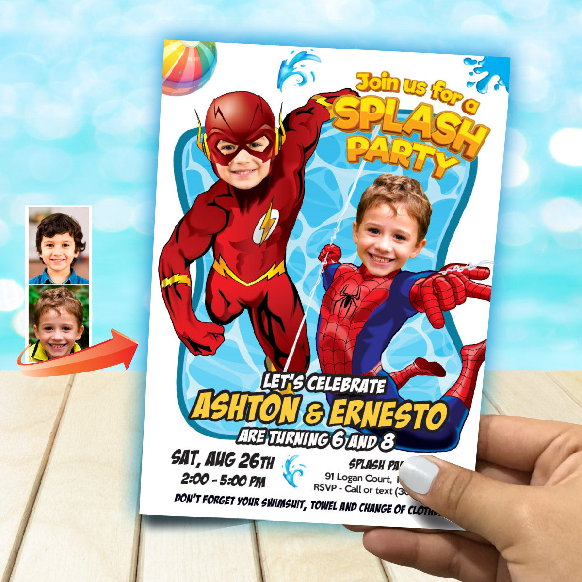 Joint Flash and Spiderman Pool Splash Birthday Party Invitation with Kids as the stars. 2487