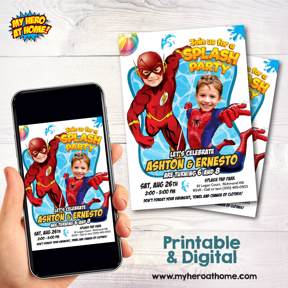 Joint Flash and Spiderman Pool Splash Birthday Party Invitation with Kids as the stars. 2487