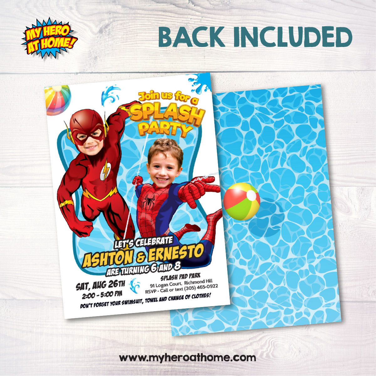 Joint Flash and Spiderman Pool Splash Birthday Party Invitation with Kids as the stars. 2487