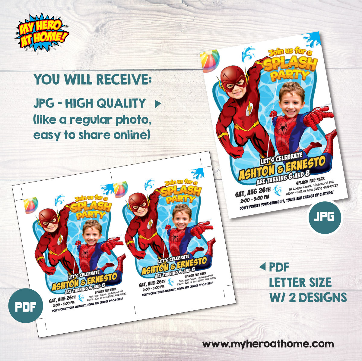Joint Flash and Spiderman Pool Splash Birthday Party Invitation with Kids as the stars. 2487