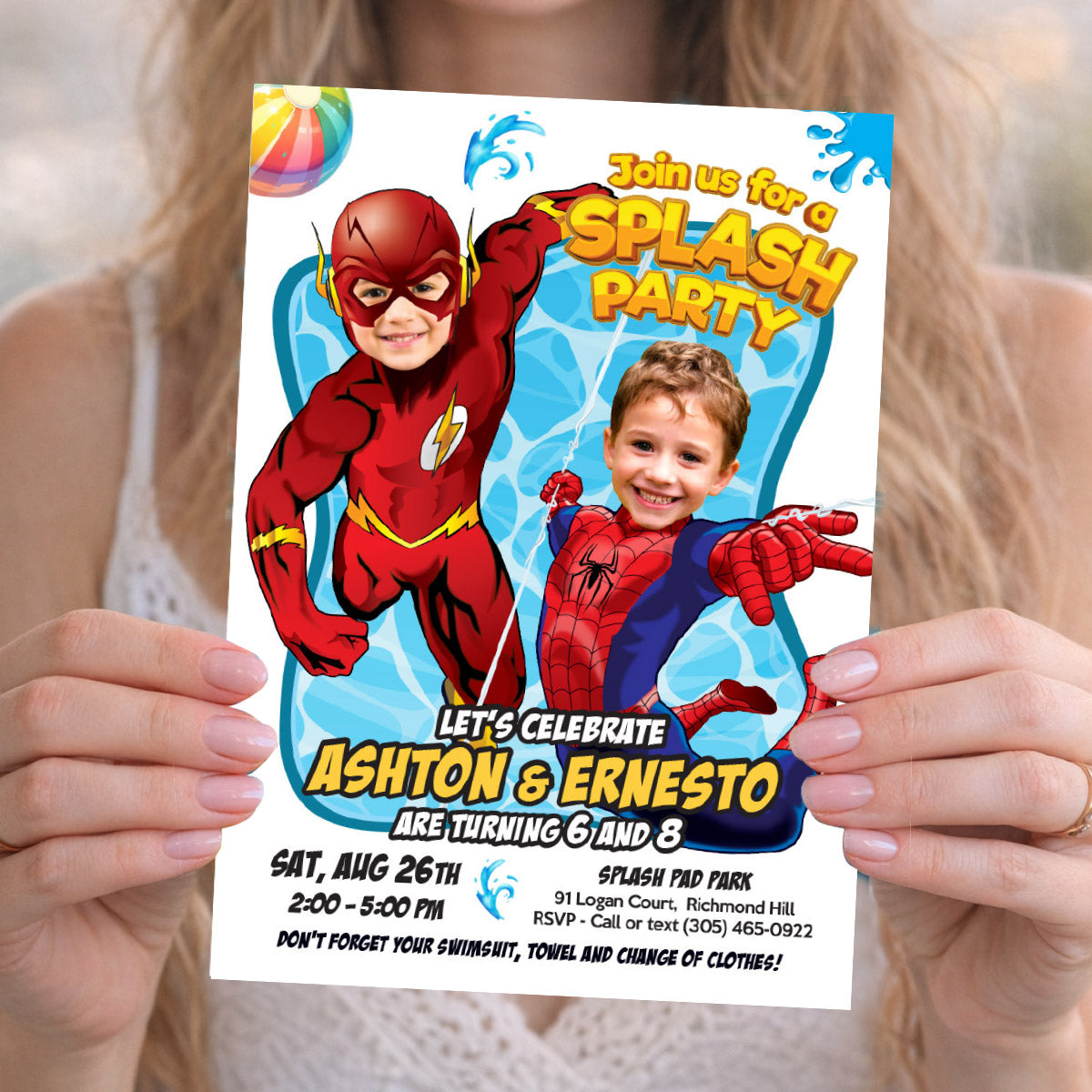 Joint Flash and Spiderman Pool Splash Birthday Party Invitation with Kids as the stars. 2487