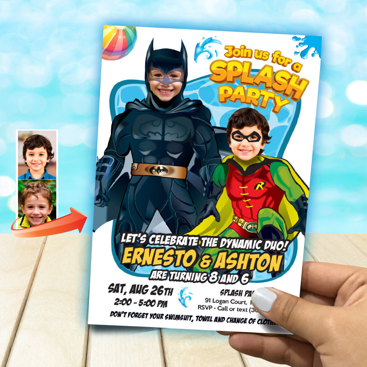 Joint Batman and Robin Pool Splash Birthday Party Invitation with Kids as the stars. 2488