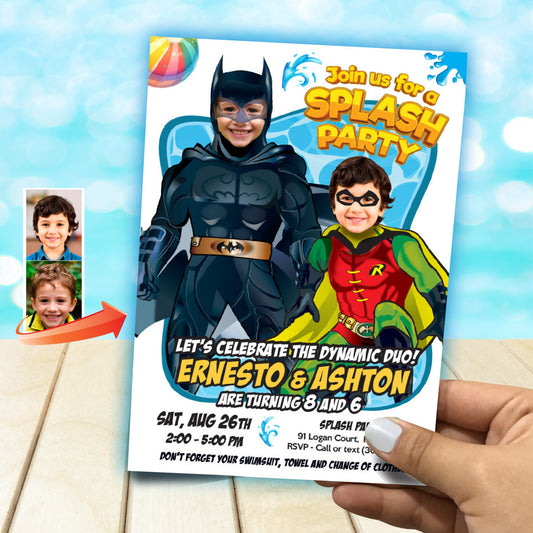 Joint Batman and Robin Pool Splash Birthday Party Invitation with Kids as the stars. 2488