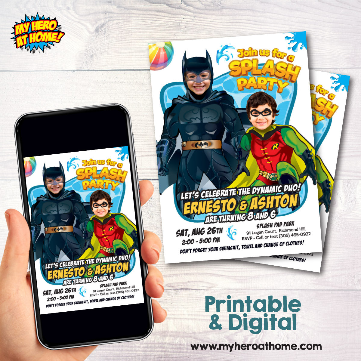 Joint Batman and Robin Pool Splash Birthday Party Invitation with Kids as the stars. 2488
