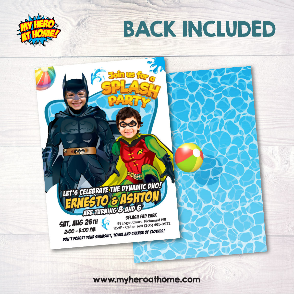 Joint Batman and Robin Pool Splash Birthday Party Invitation with Kids as the stars. 2488