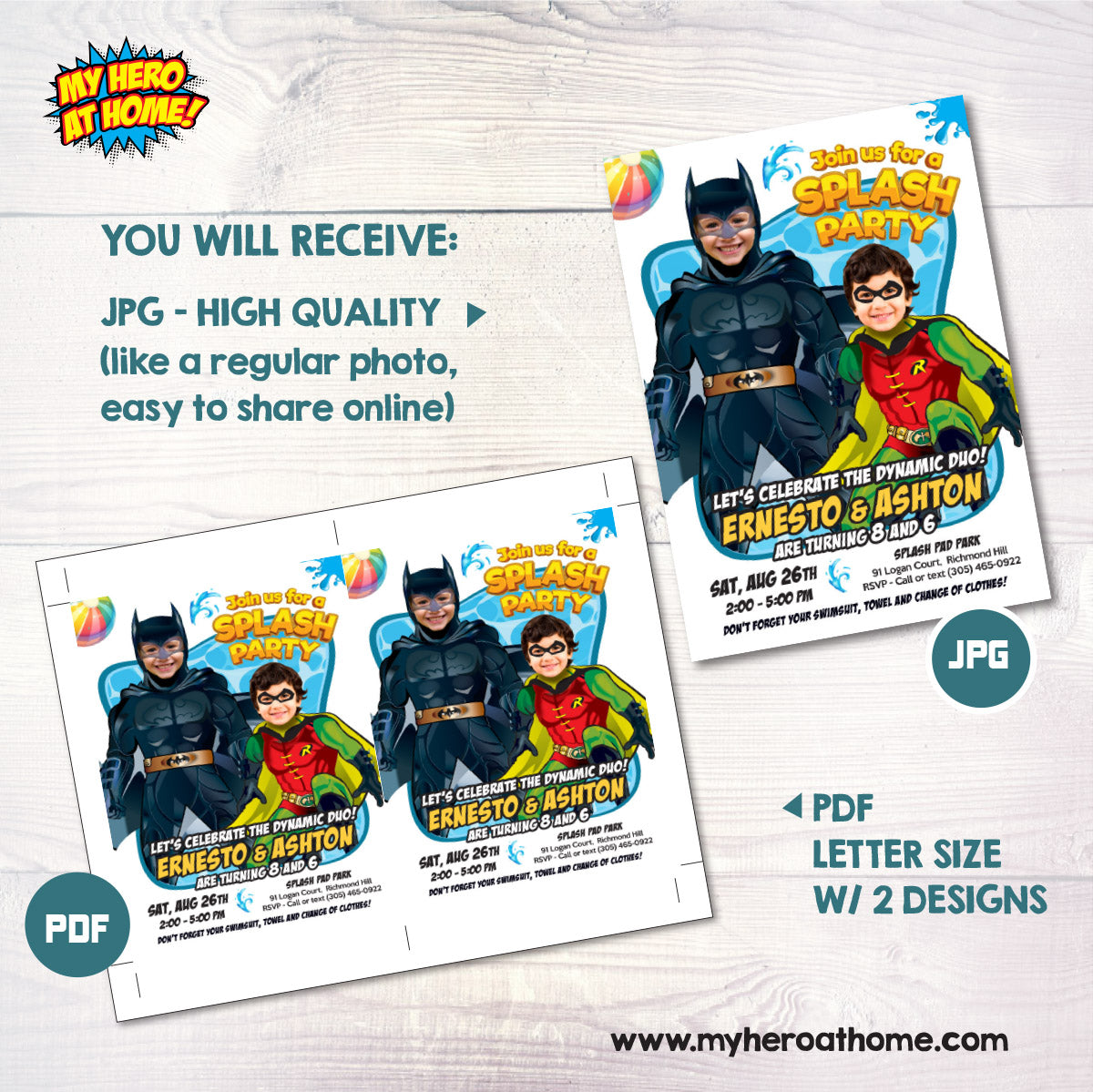 Joint Batman and Robin Pool Splash Birthday Party Invitation with Kids as the stars. 2488