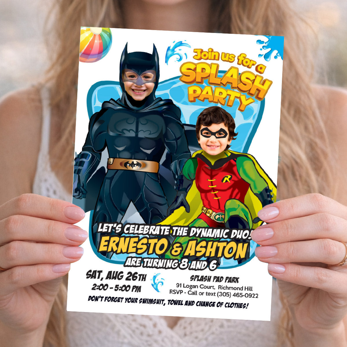 Joint Batman and Robin Pool Splash Birthday Party Invitation with Kids as the stars. 2488