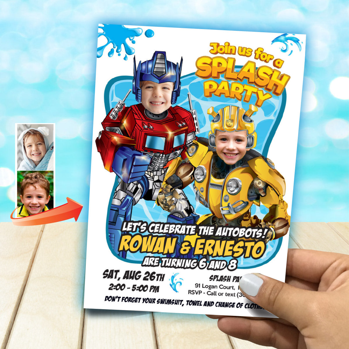 Joint Optimus Prime and Bumblebee Pool Splash Birthday Party Invitation with Kids as the stars. 2489