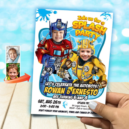Joint Optimus Prime and Bumblebee Pool Splash Birthday Party Invitation with Kids as the stars. 2489