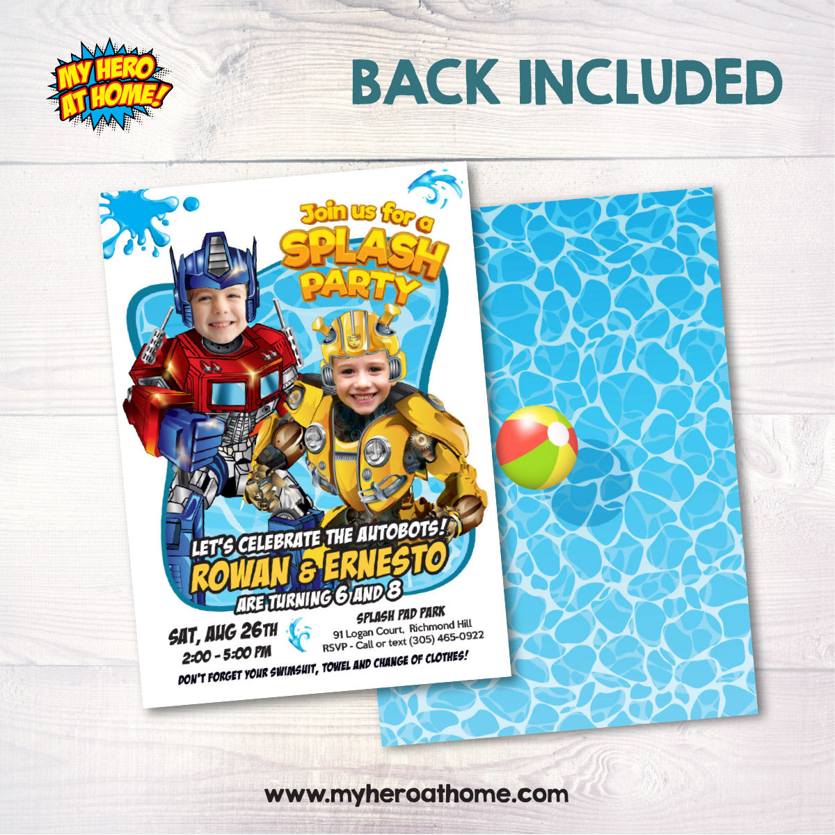Joint Optimus Prime and Bumblebee Pool Splash Birthday Party Invitation with Kids as the stars. 2489