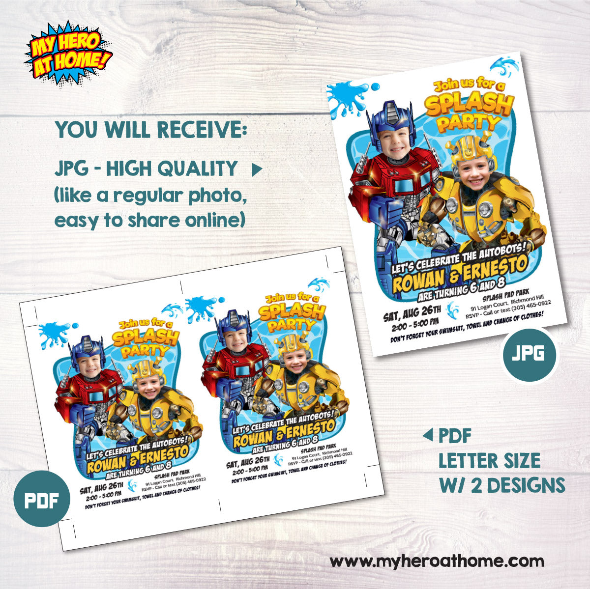 Joint Optimus Prime and Bumblebee Pool Splash Birthday Party Invitation with Kids as the stars. 2489