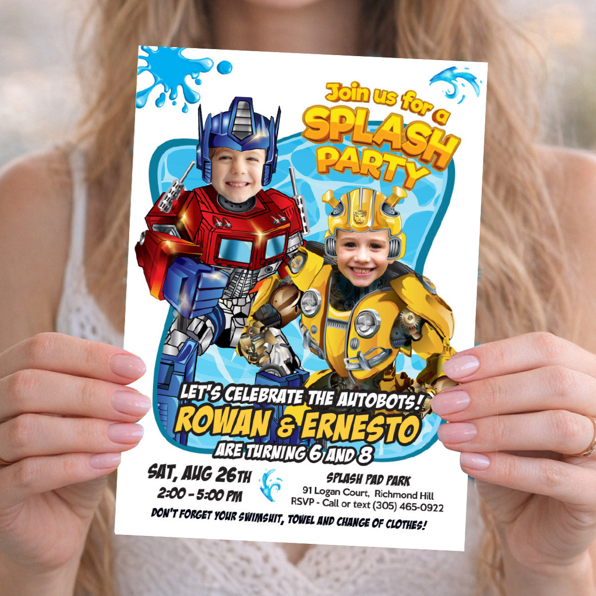 Joint Optimus Prime and Bumblebee Pool Splash Birthday Party Invitation with Kids as the stars. 2489