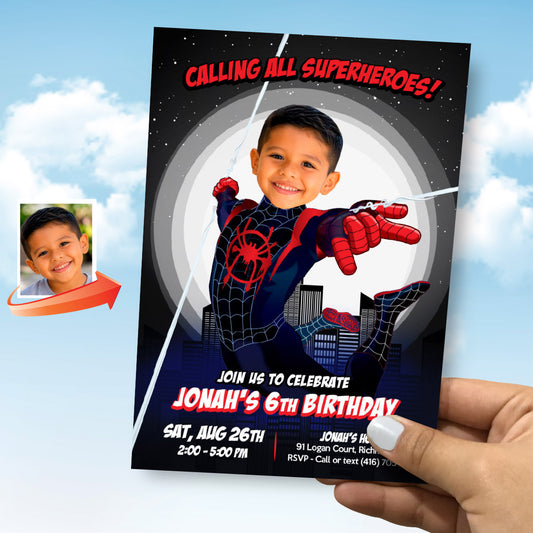 Miles Morales Black And Red Party Invitation with Birthday Kid as the Star. 2491INB