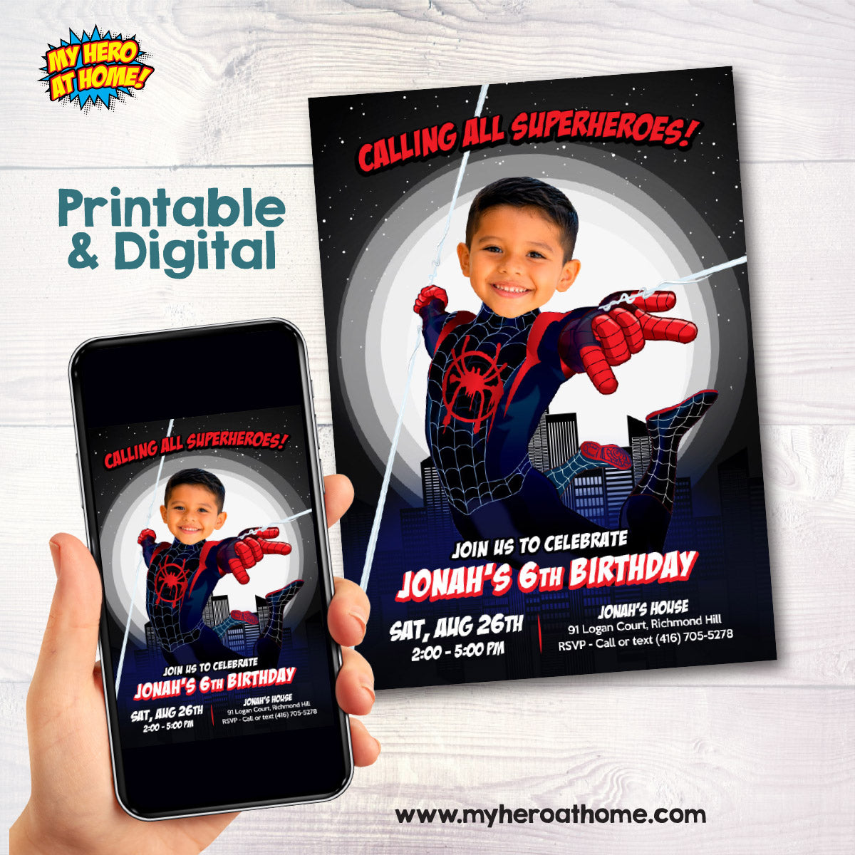 Miles Morales Black And Red Party Invitation with Birthday Kid as the Star. 2491INB