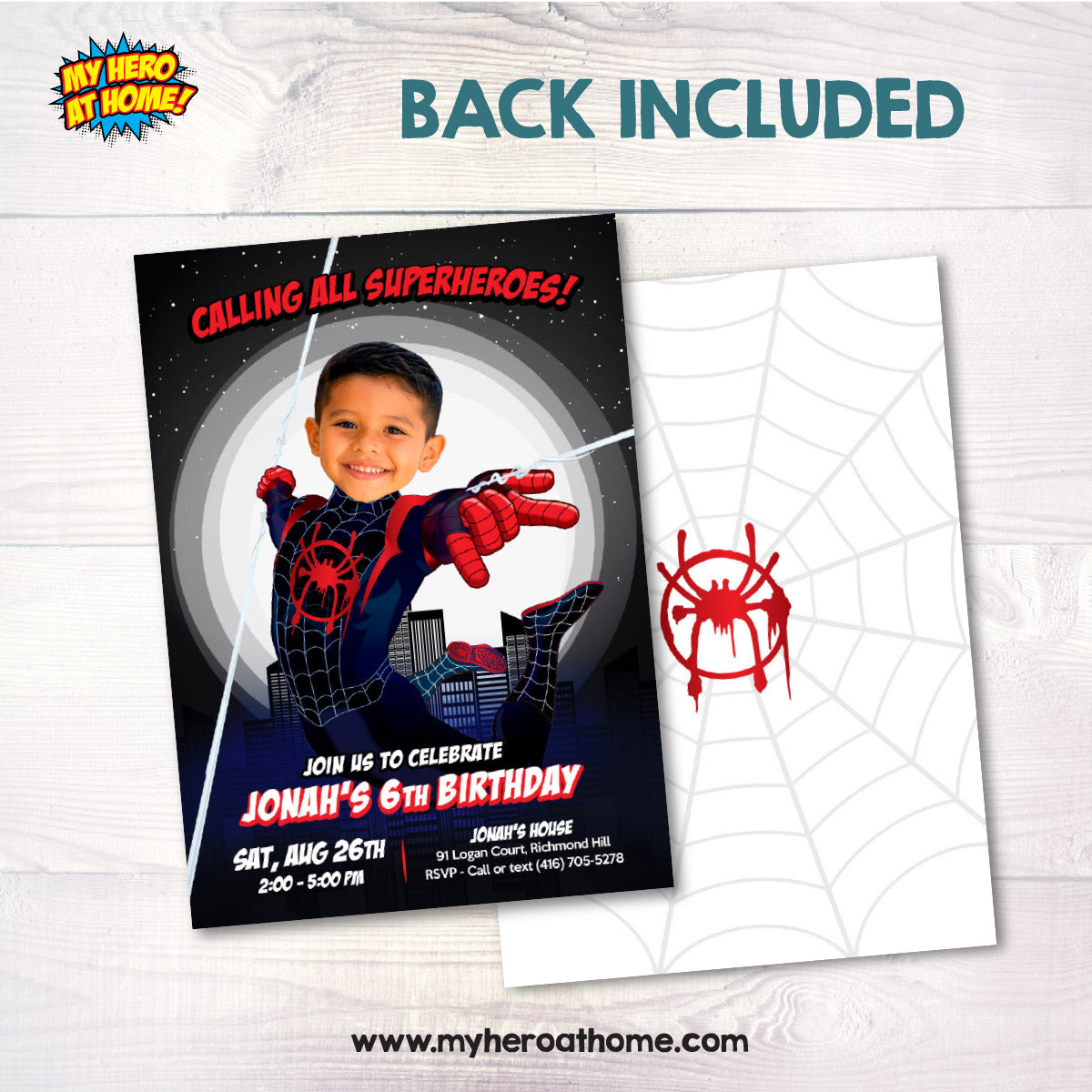 Miles Morales Black And Red Party Invitation with Birthday Kid as the Star. 2491INB
