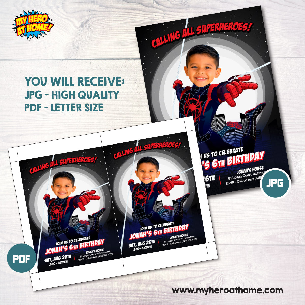 Miles Morales Black And Red Party Invitation with Birthday Kid as the Star. 2491INB