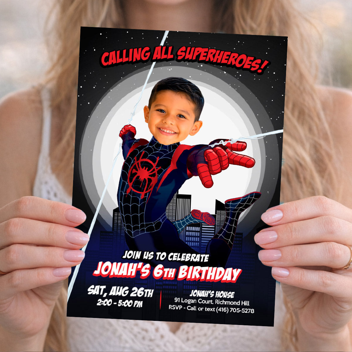 Miles Morales Black And Red Party Invitation with Birthday Kid as the Star. 2491INB