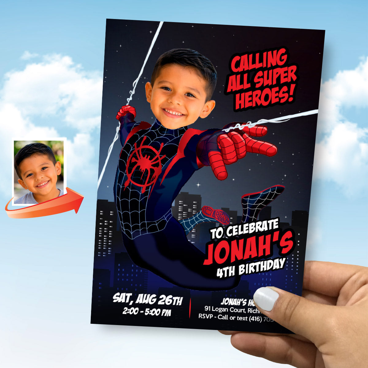 Miles Morales Spiderverse Party Invitation with Birthday Kid as the Star. 2491IN