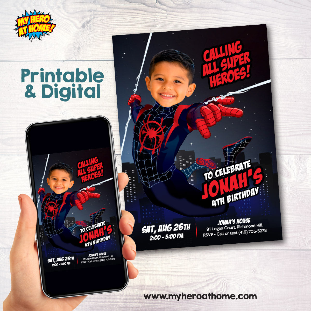 Miles Morales Spiderverse Party Invitation with Birthday Kid as the Star. 2491IN