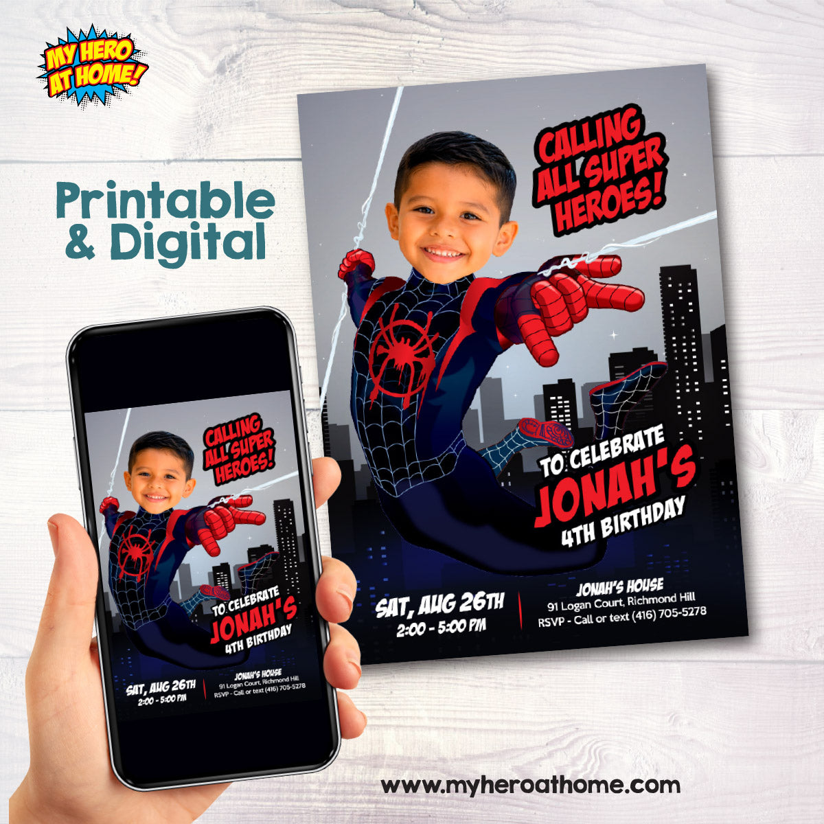 Miles Morales Spiderverse Party Invitation with Birthday Kid as the Star. 2491IN
