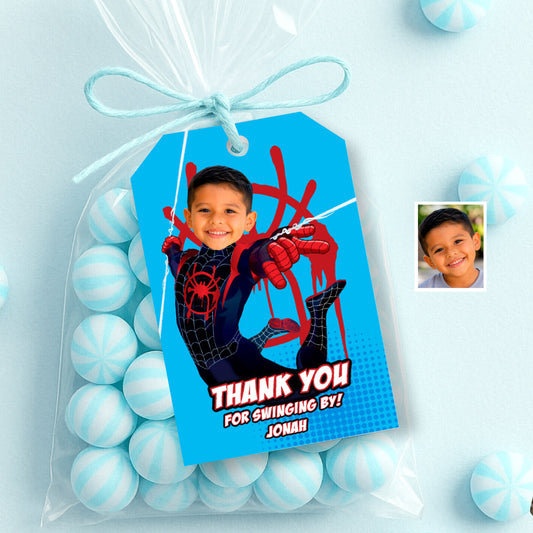 Blue and Red Spiderverse Miles Morales Thank You and Party Tags with Kid as the Star. 2491TYB