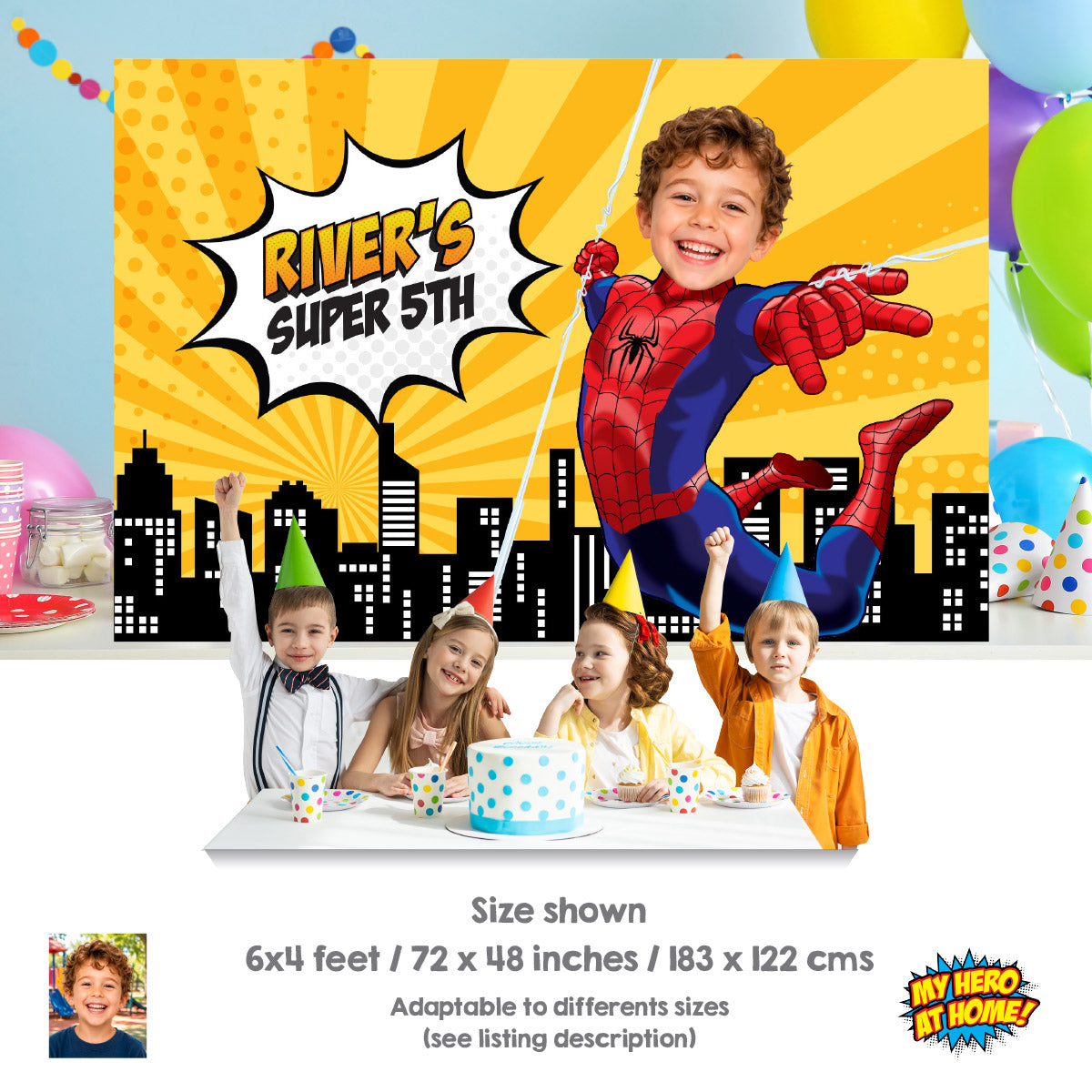 Spider-Man Comic Style Birthday Backdrop With Child as the Star. 2492BB3