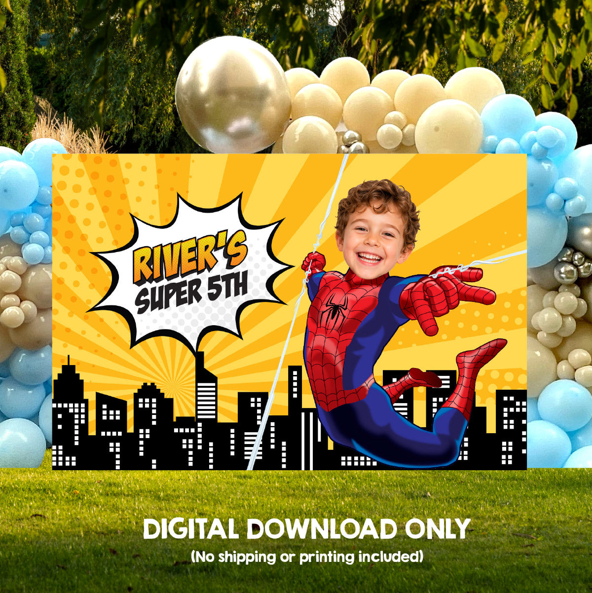 Spider-Man Comic Style Birthday Backdrop With Child as the Star. 2492BB3