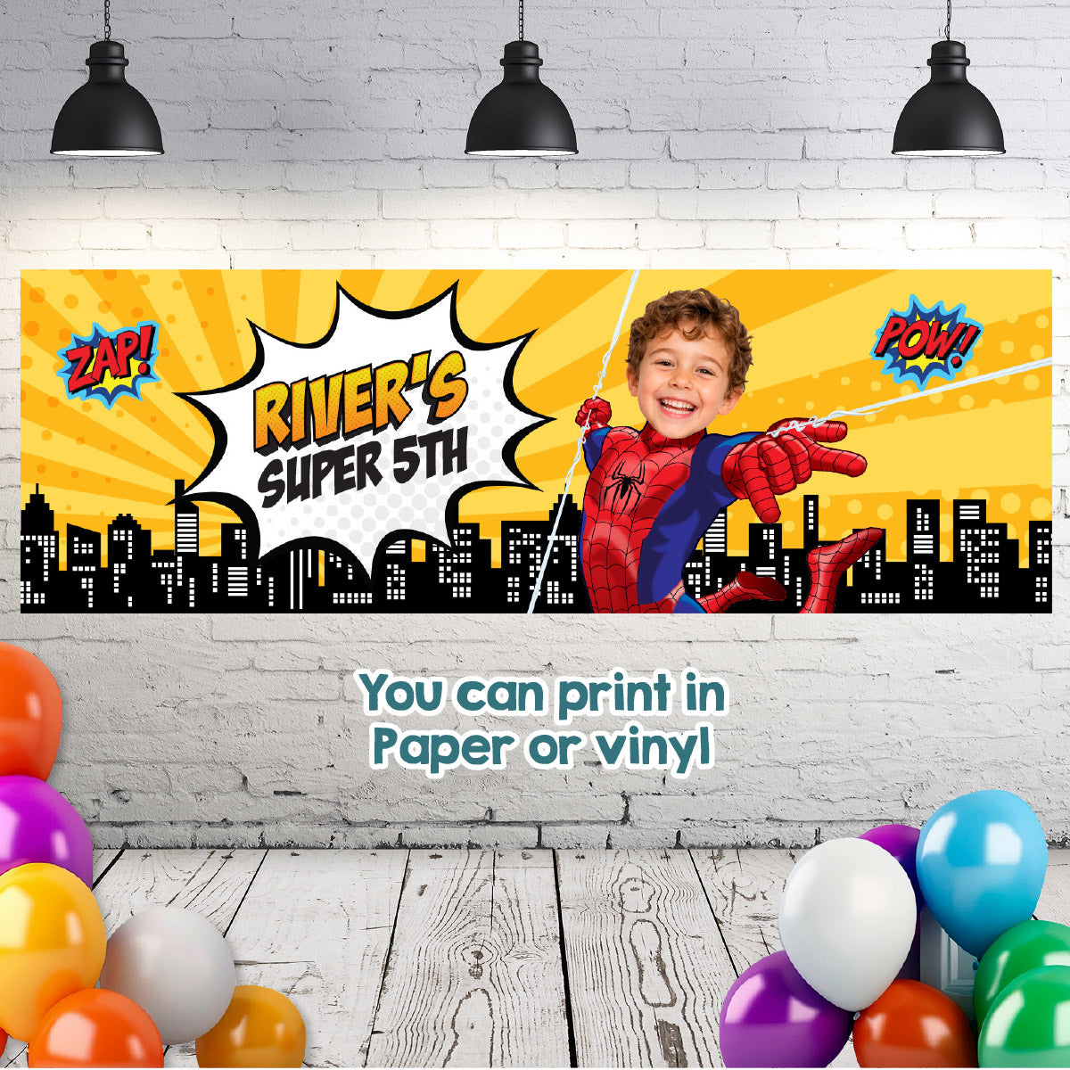 Spider-Man Comic Style Party Horizontal Banner with Child as the Star. 2492BBH3