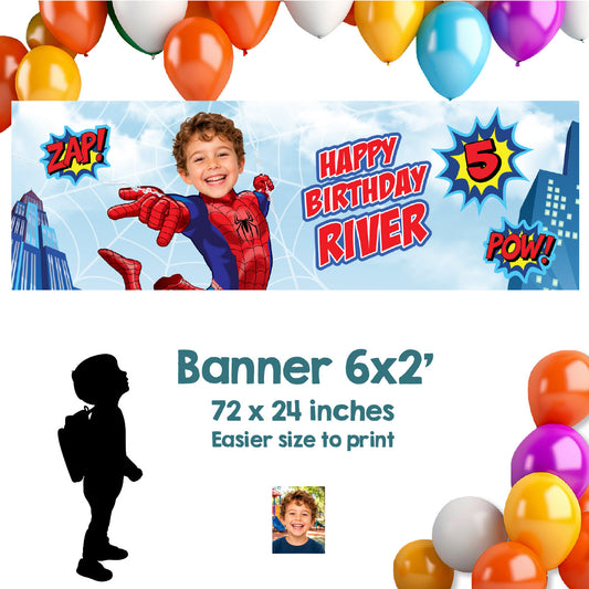 Spider-Man Birthday Banner Customized with Child as Spiderman (6x2', Horizontal, Easy to print). 2492BBH