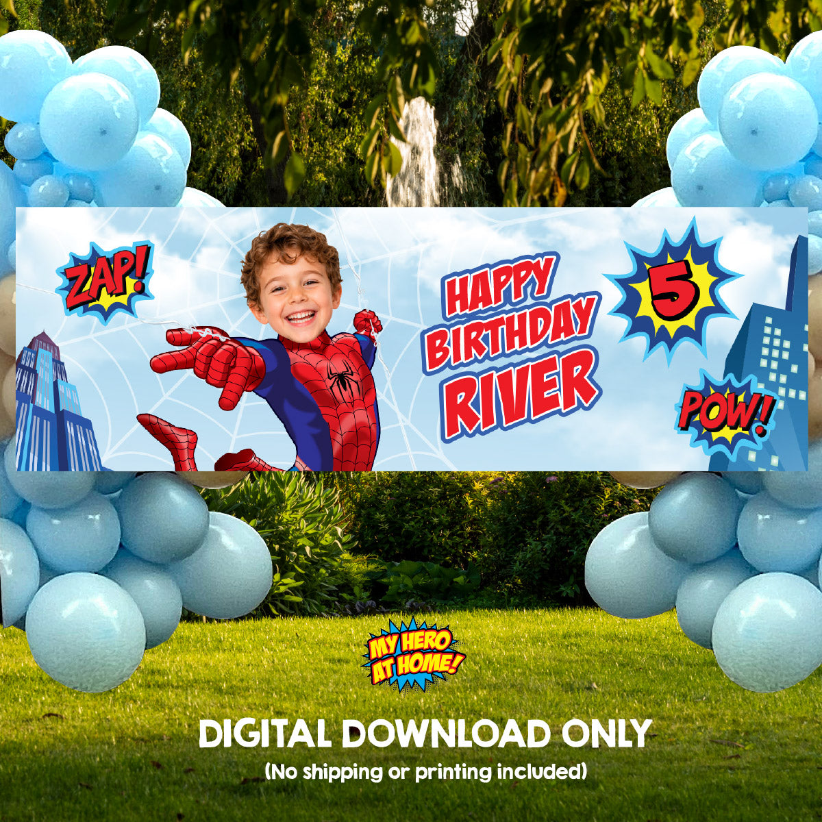 Spider-Man Birthday Banner Customized with Child as Spiderman (6x2', Horizontal, Easy to print). 2492BBH