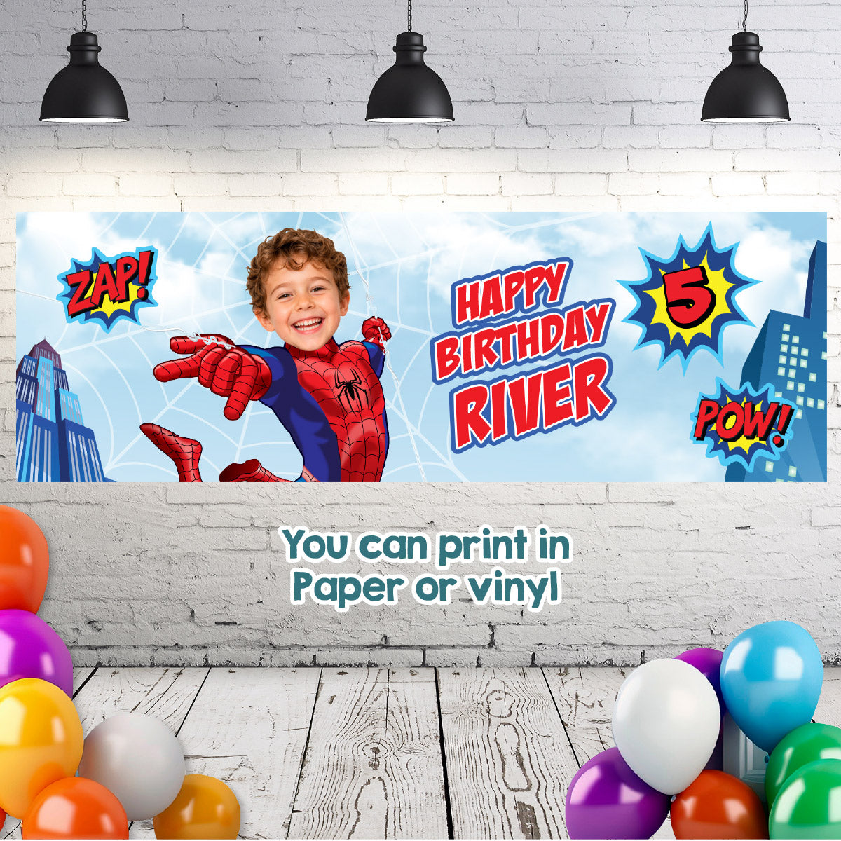 Spider-Man Birthday Banner Customized with Child as Spiderman (6x2', Horizontal, Easy to print). 2492BBH