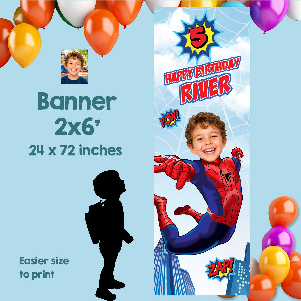 Spider-Man Vertical Banner with Birthday Child as Spiderman (Portrait, Roll up banner). 2492BBV