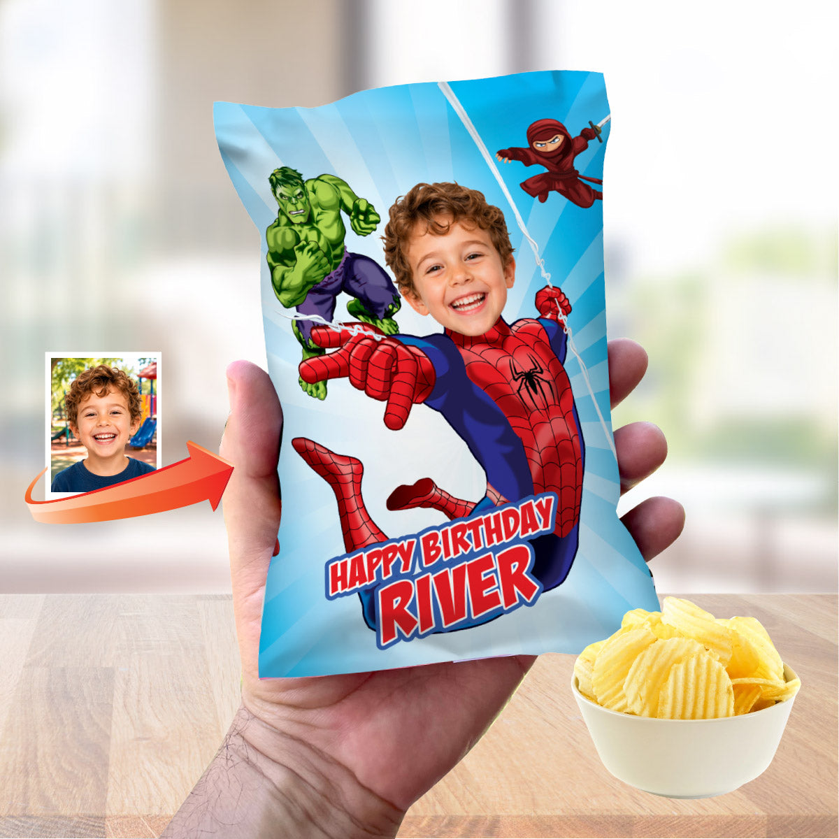 Personalized Spider-Man Brand New Day Chip Bag Wrappers with Kid as Spiderman. 2492CB2
