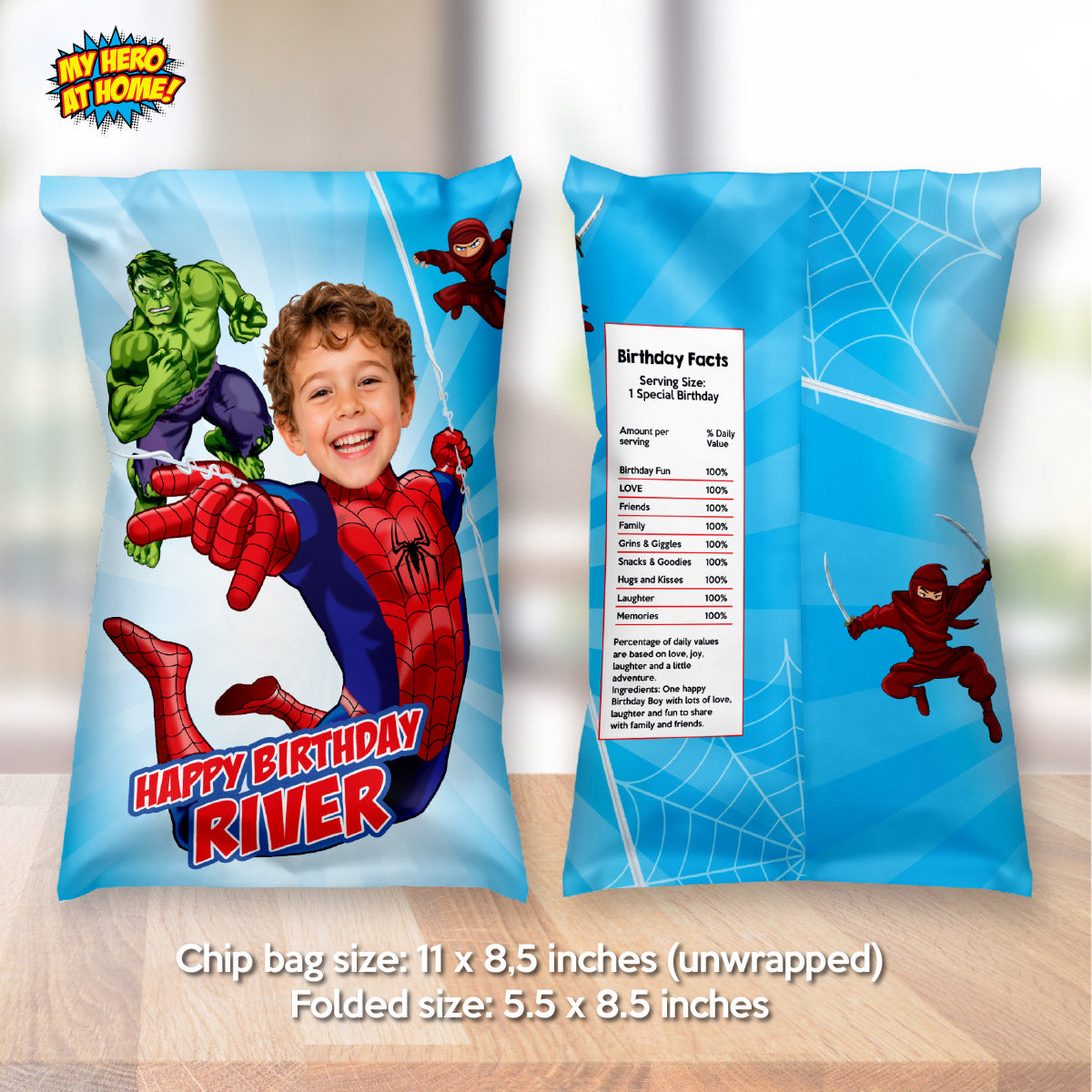 Personalized Spider-Man Brand New Day Chip Bag Wrappers with Kid as Spiderman. 2492CB2