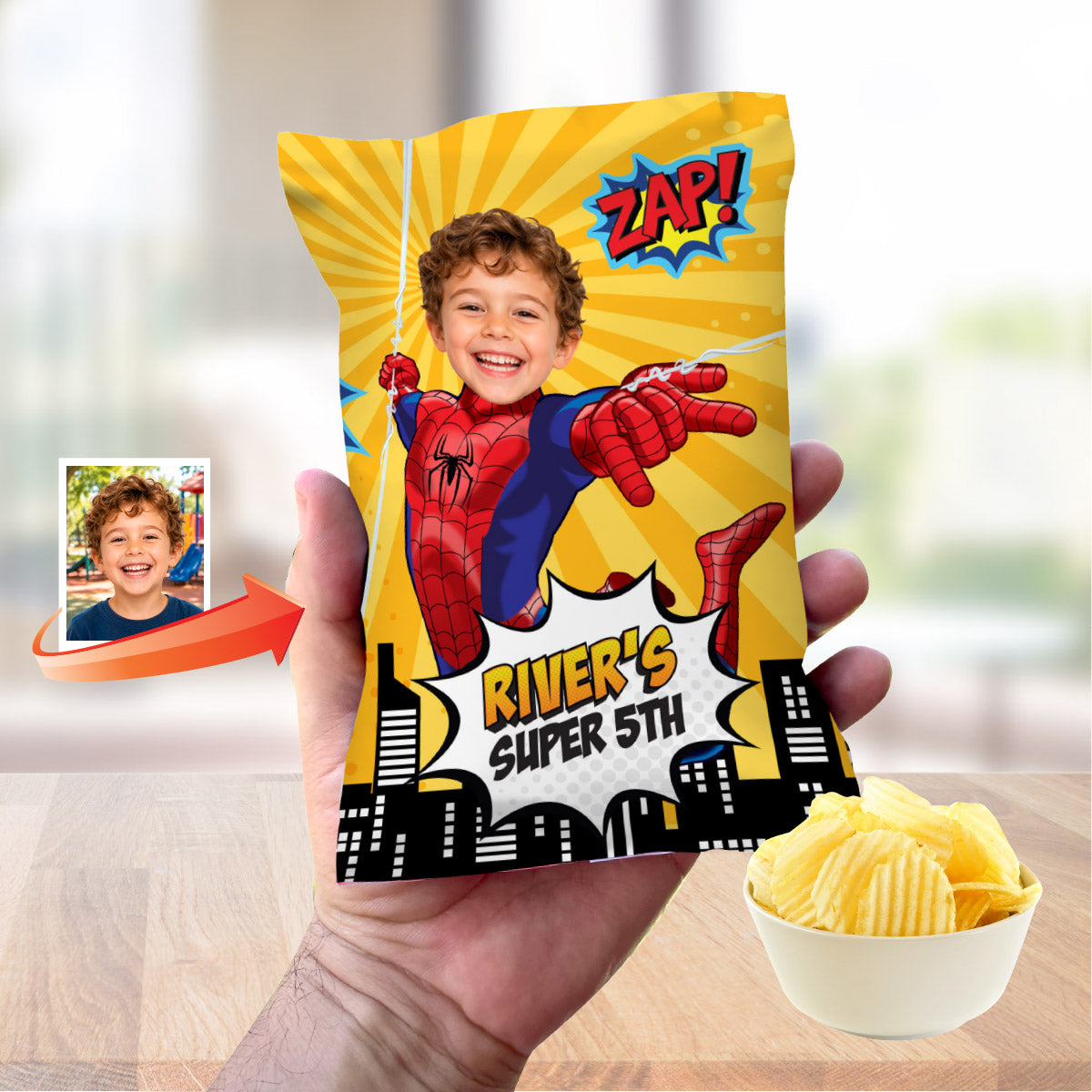Personalized Spider-Man Comic Style Chip Bag Featuring Birthday Kid as the Star. 2492CB3