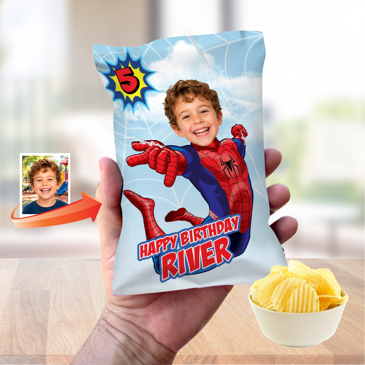 Birthday Kid Becomes Spider-Man for his Personalized Chip Bag Wrappers. 2492CB