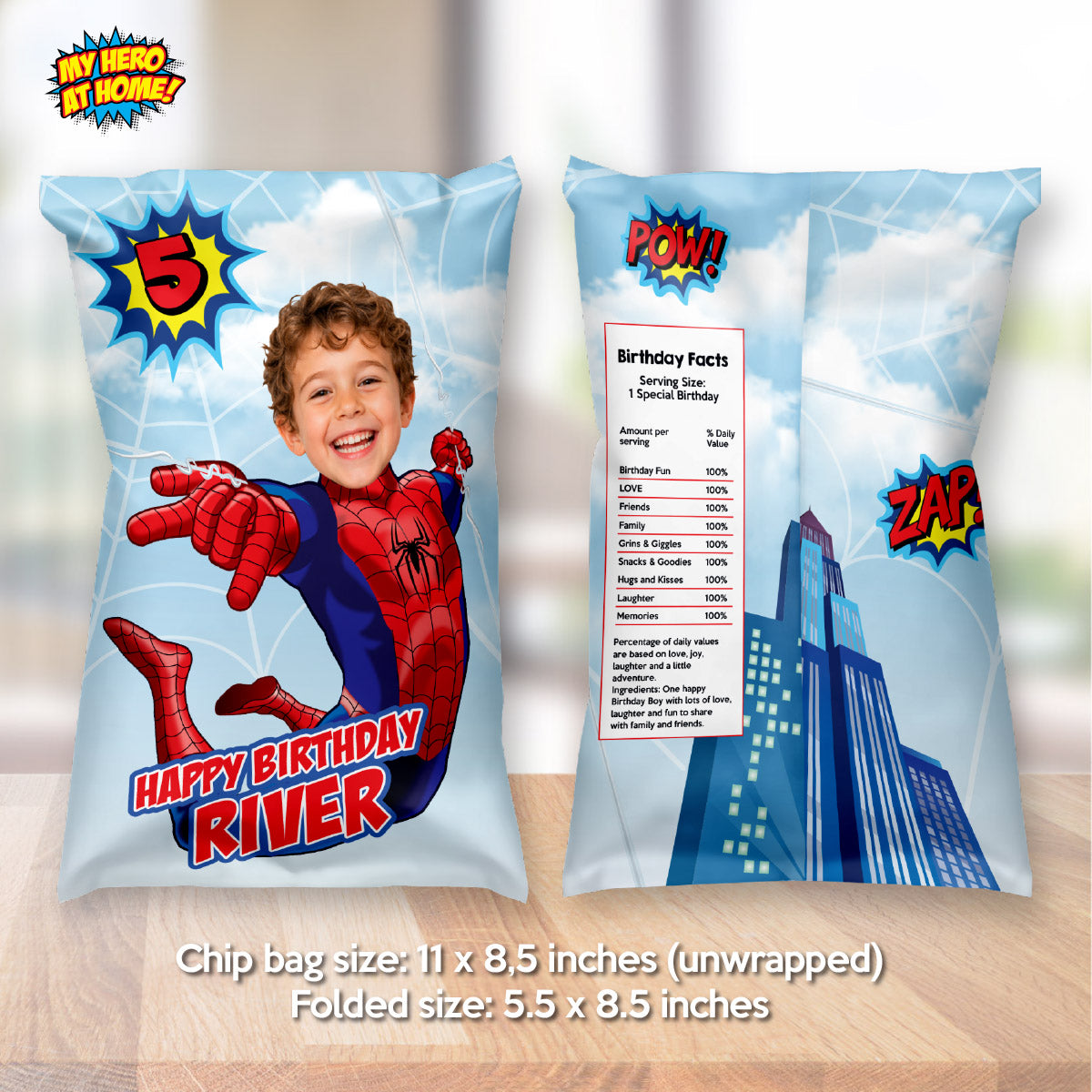 Birthday Kid Becomes Spider-Man for his Personalized Chip Bag Wrappers. 2492CB