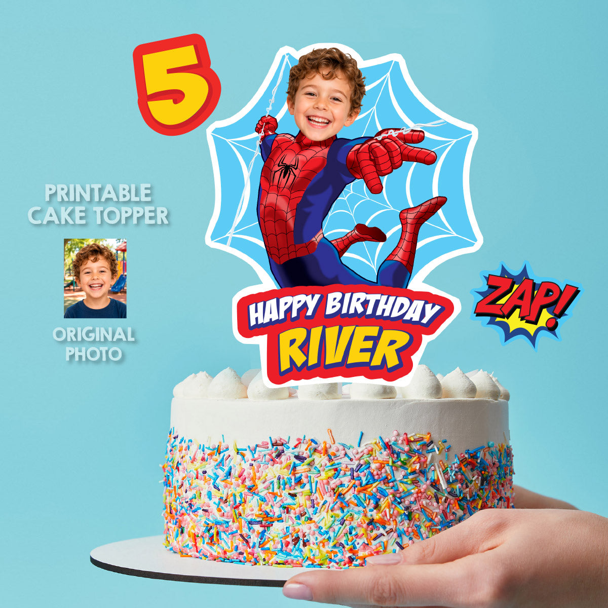 Spider-Man Web Birthday Cake Topper Customized with Your Child as Spidey. 2492CT3