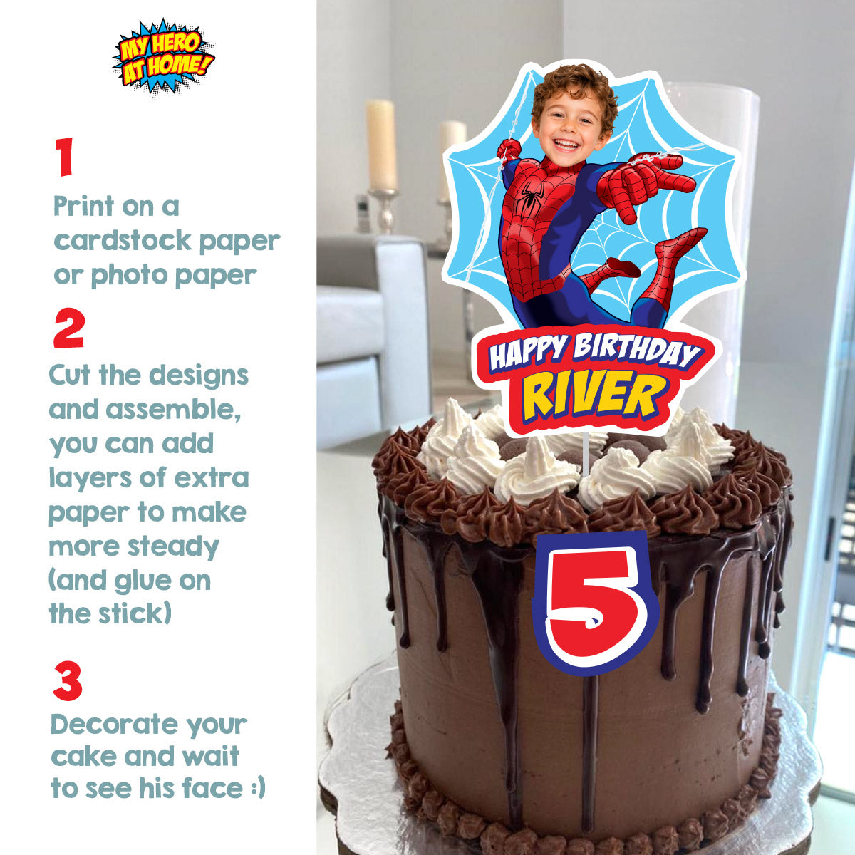 Spider-Man Web Birthday Cake Topper Customized with Your Child as Spidey. 2492CT3