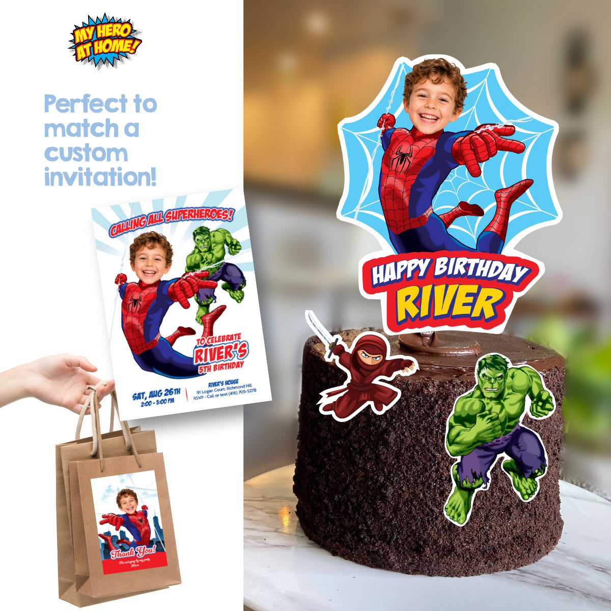 Spider-Man Web Birthday Cake Topper Customized with Your Child as Spidey. 2492CT3
