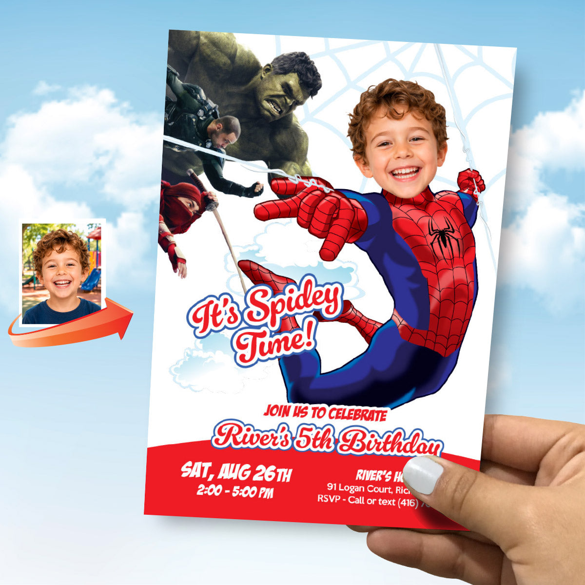 Custom Brand New Day Spider-Man Birthday Invitation with Child as Spidey. 2492INB