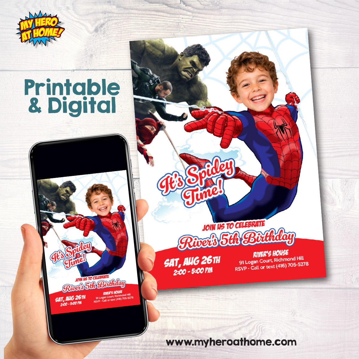 Custom Brand New Day Spider-Man Birthday Invitation with Child as Spidey. 2492INB