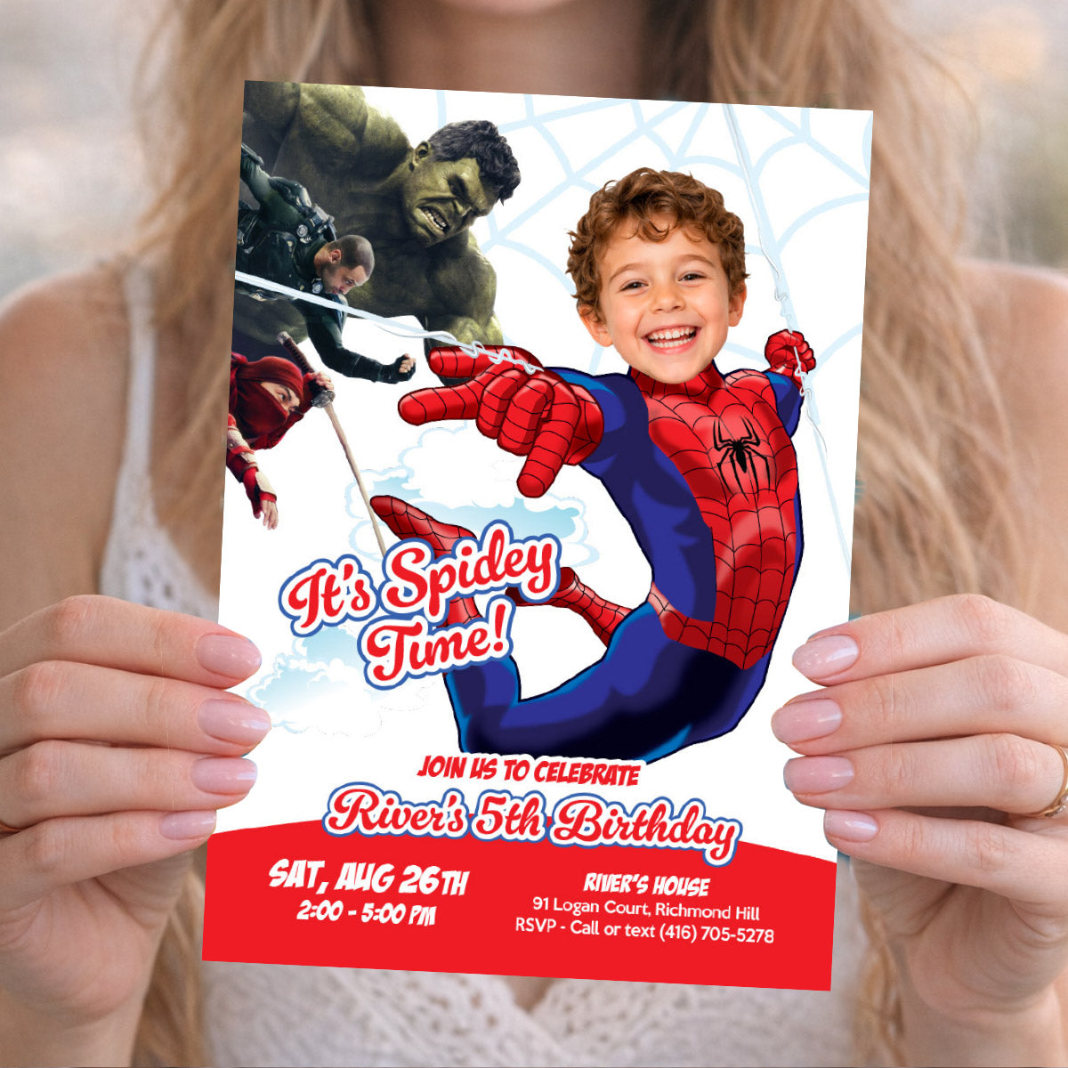 Custom Brand New Day Spider-Man Birthday Invitation with Child as Spidey. 2492INB