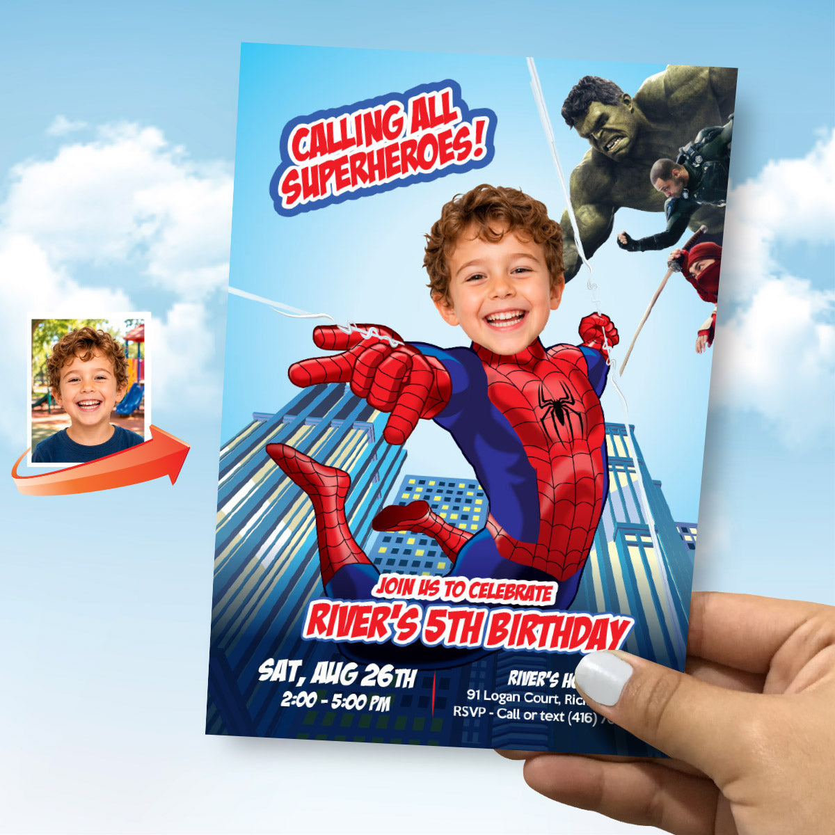Calling All Superheroes Spiderman Brand New Day Birthday Invitation with Kid as the Star. 2492INC
