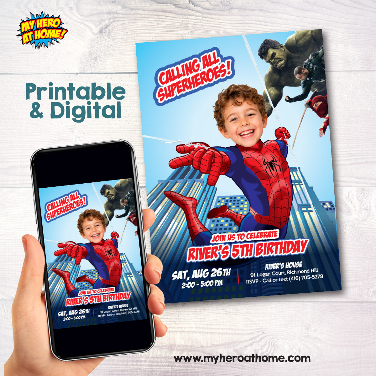 Calling All Superheroes Spiderman Brand New Day Birthday Invitation with Kid as the Star. 2492INC