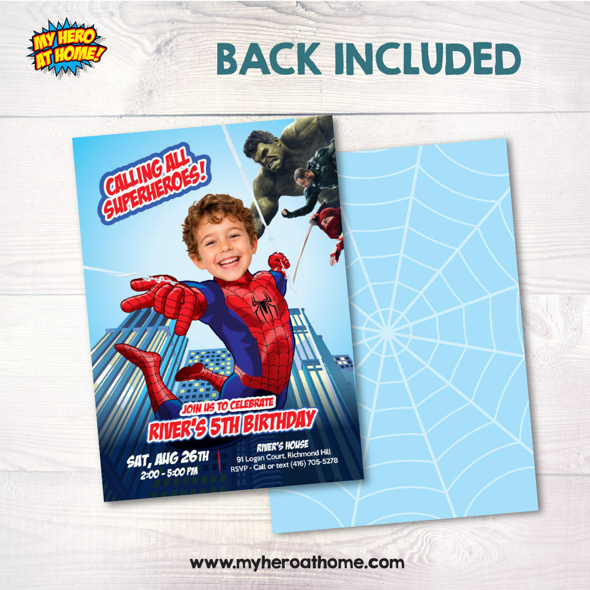 Calling All Superheroes Spiderman Brand New Day Birthday Invitation with Kid as the Star. 2492INC