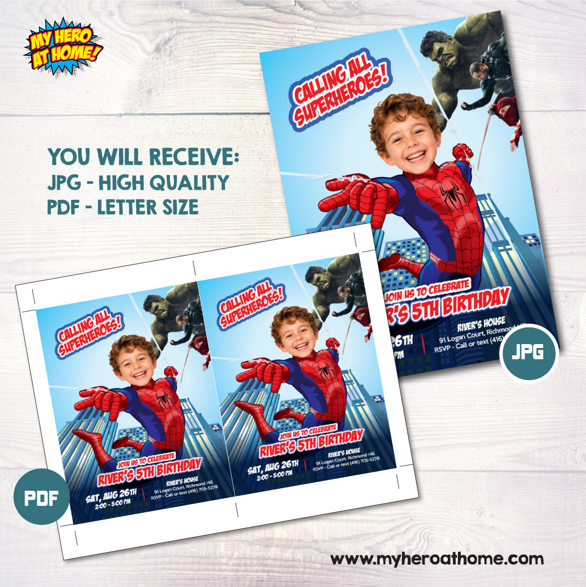 Calling All Superheroes Spiderman Brand New Day Birthday Invitation with Kid as the Star. 2492INC